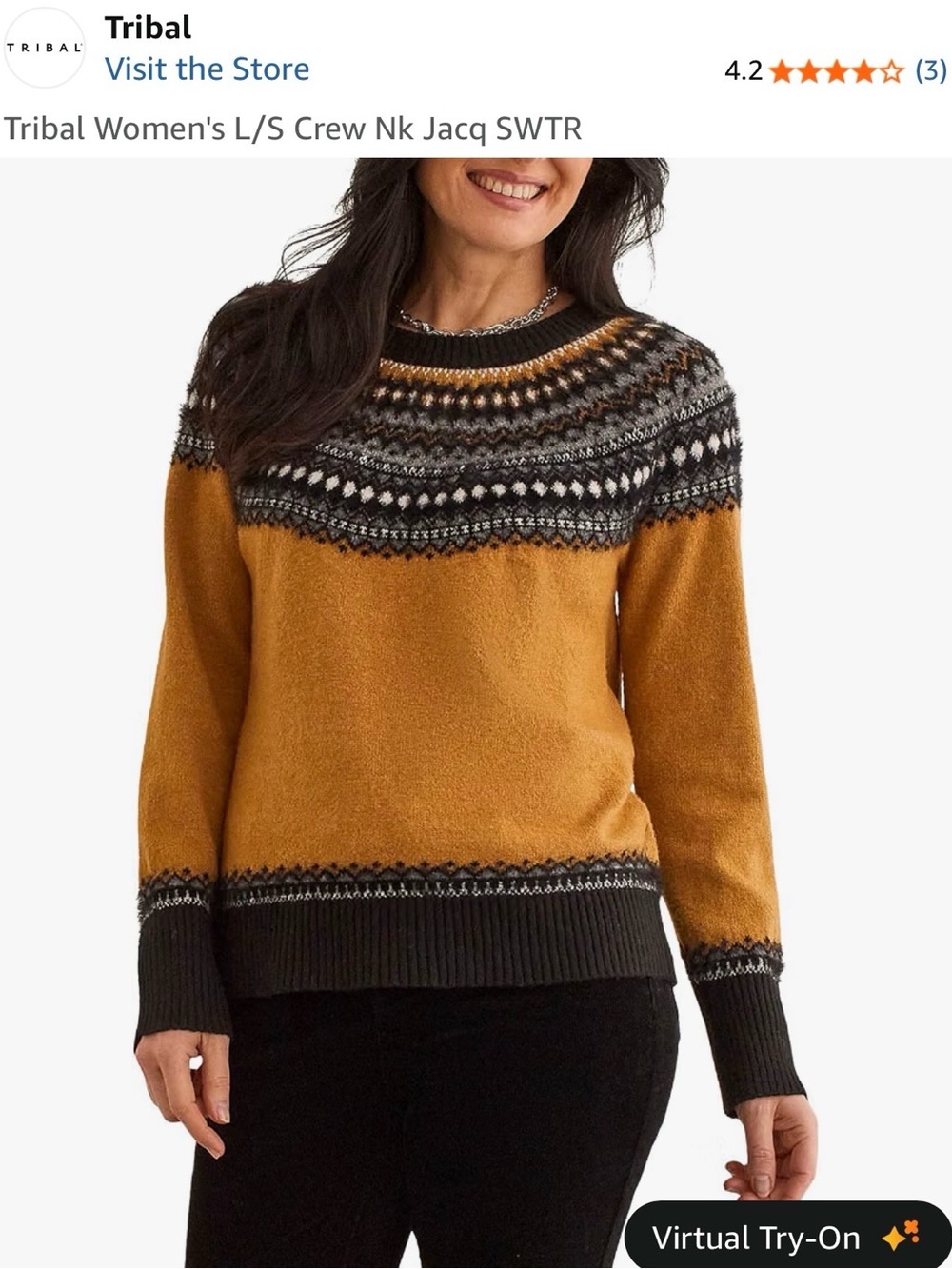 Tribal Mustard Fair Isle Crewneck Sweater with Black Yoke